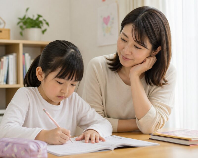 日本人の母親と小学生の娘が、自宅の机で一緒に学習している様子